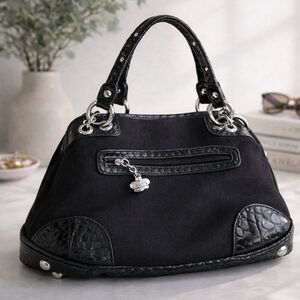 Vintage Kathy Van Zeeland Black Satchel Croc Embossed Patent Trim Silver